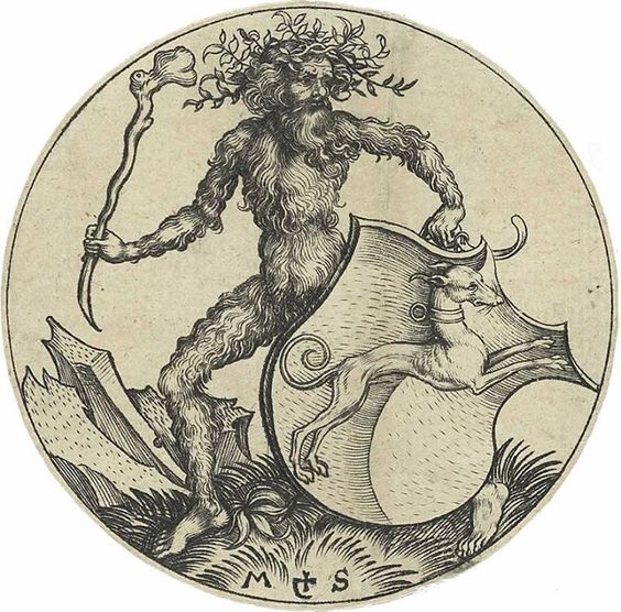 Wodwo or Wild Man of the Woods by Martin Schongauer 15th century engraving